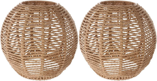 Retro Rattan Woven Lampshade Set – 2x Vintage Basket Pendant Covers (15×15cm, Khaki) | Textured Hemp-Style Ceiling Decor for Dining & Living Room